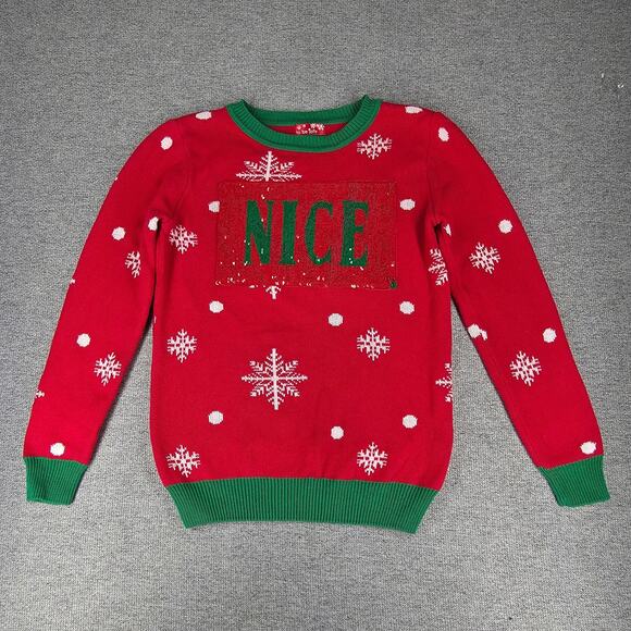 TO BE JOLLY WOMENS REVERSIBLE SEQUIN NAUGHTY NICE HOLIDAY SWEATER SIZE MEDIUM - Picture 2 of 14